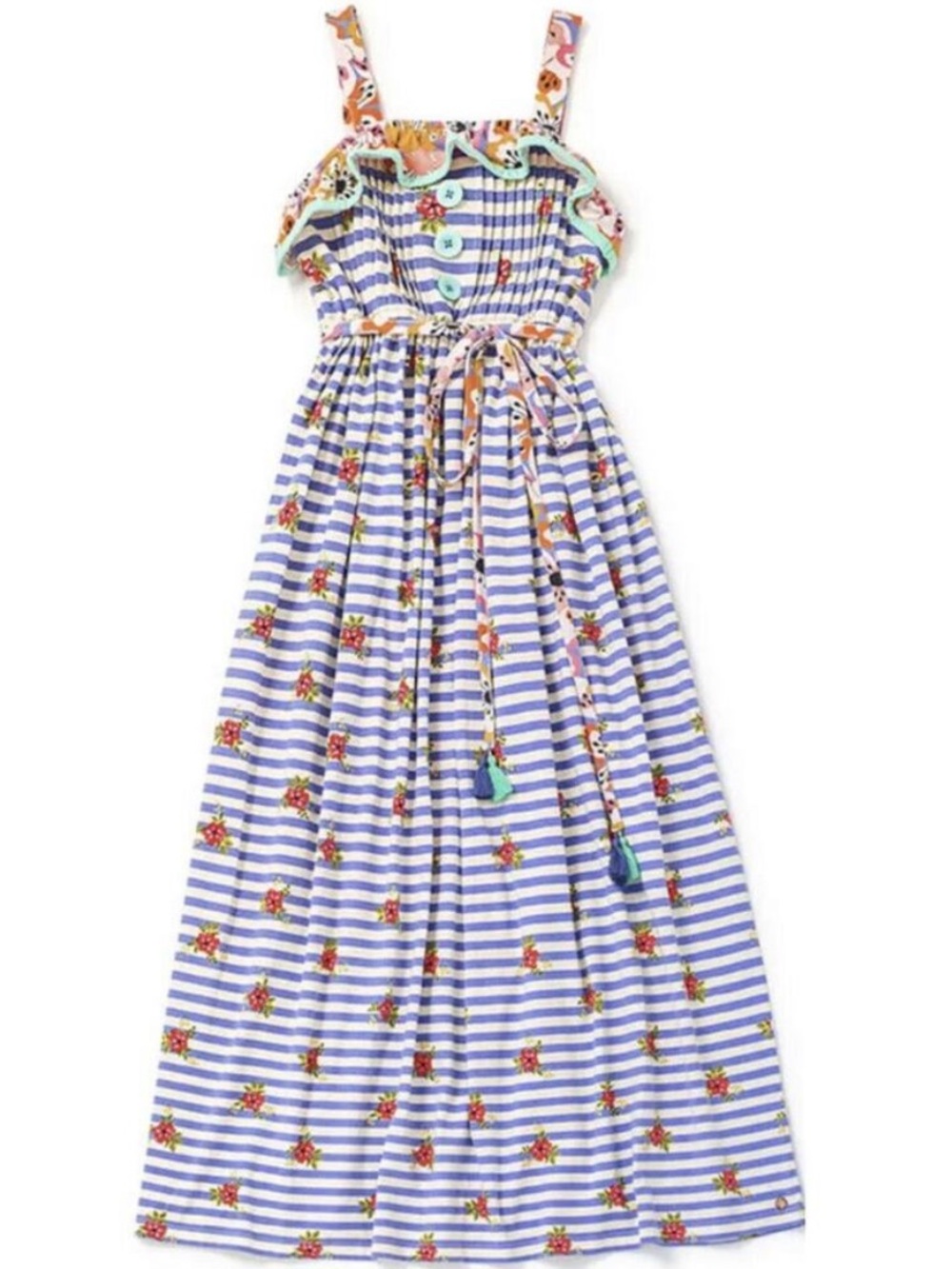 Matilda Jane Blue and White Striped Maxi Dress with Floral Accents